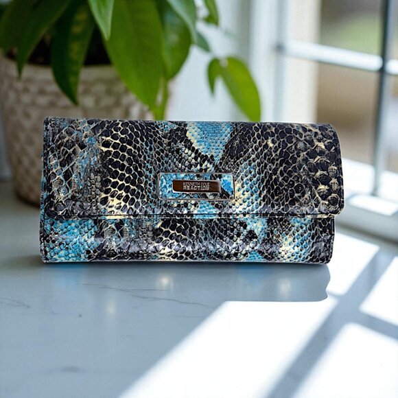 Y2K Kenneth Cole Reaction Snake Embossed Tri-Fold Clutch Wallet – Blue & Black - Picture 1 of 4